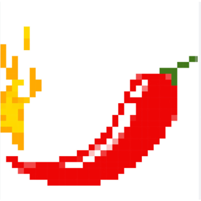 A pixelated red chili pepper graphic