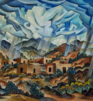 Contemporary painting of New Mexico pueblos and landscape by Navajo painter Tony Abeyta