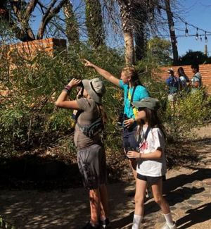 2 campers with a Desert Museum staff member exploring with binoculars 